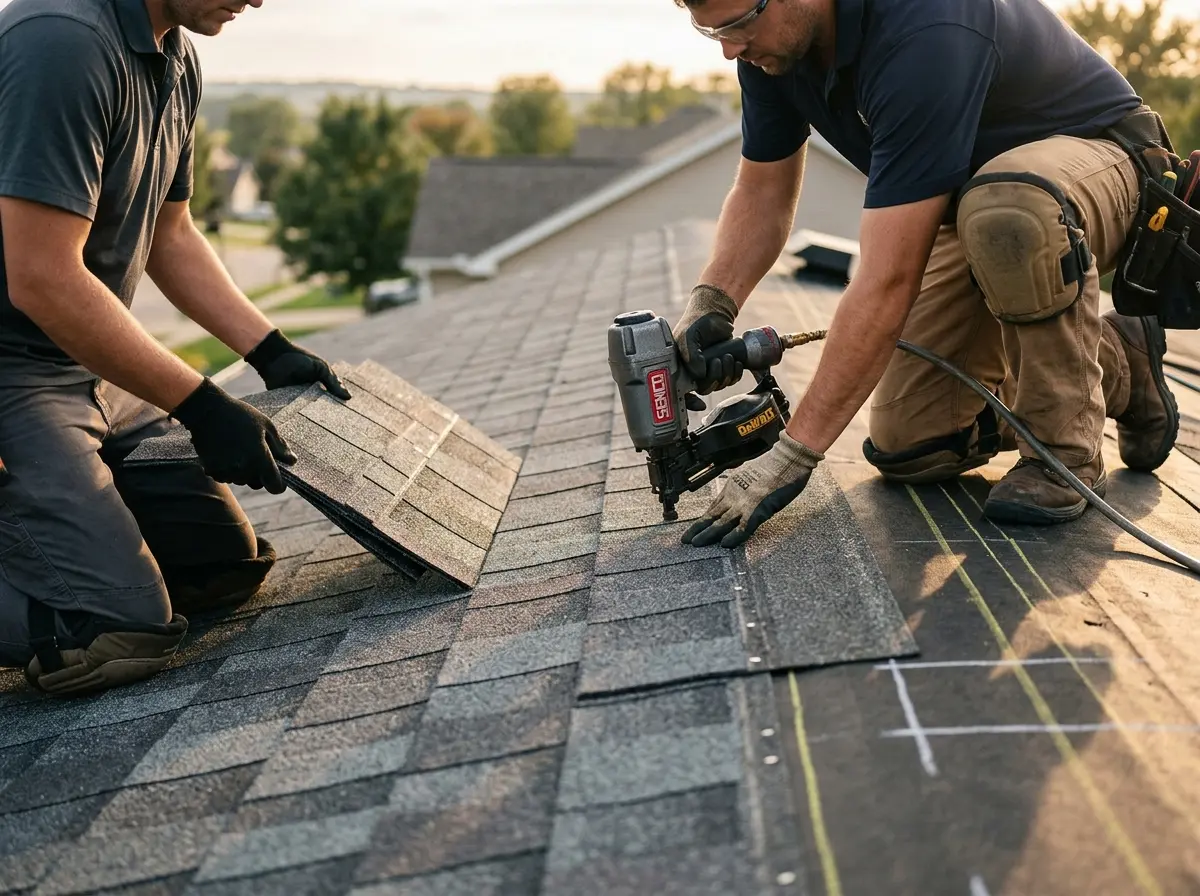 Professional roofer working on a residential roof in Little Canada